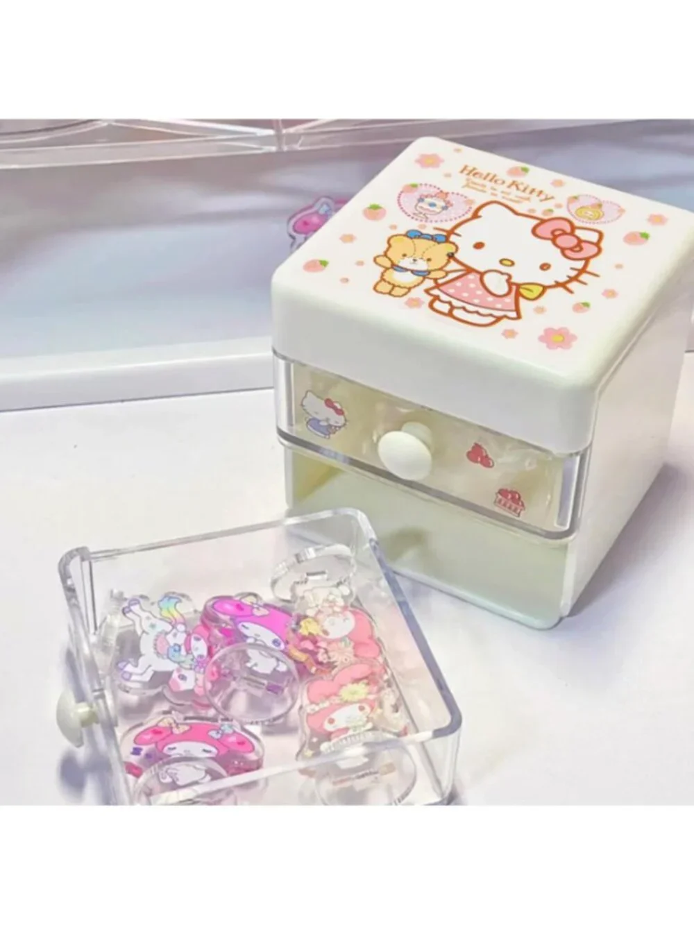 Hello Kitty Double-Layer Mini Drawer Organizer Desktop Storage Stickers Jewelry